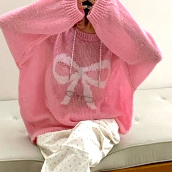 O/S CASUAL ELEGANT PINK BOW KNOT LONG SLEEVE CREW NECK SPANDEX KNIT SWEATER - Picture 3 of 4